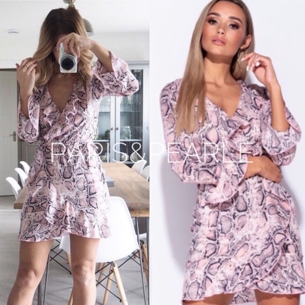 Esperanza Pink Snake Print Ruffle Trim Wrap Dress
